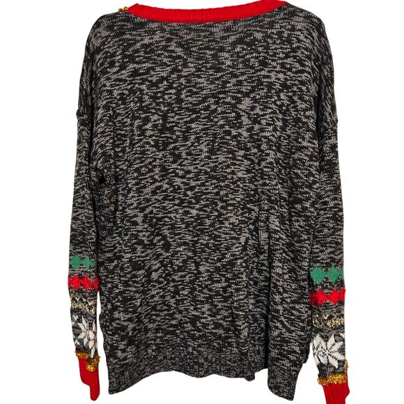 Women’s Black White Meowy Christmas Cat Pullover Sweater Snowflakes Size XL - Picture 2 of 5